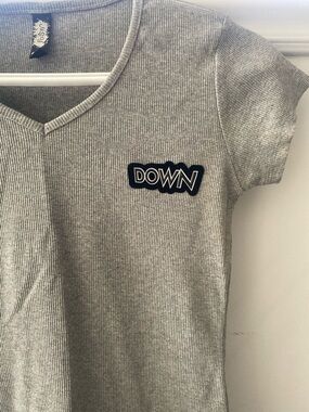 Grey Ribbed V-Neck Tee with DOWN Patch